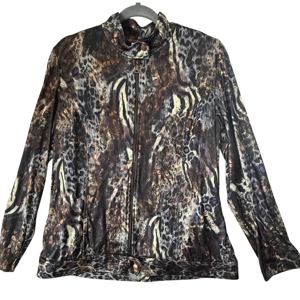 Chico's Animal Print Bomber Jacket Women Size 2 Bronze Excellent‎ Mock Neck Zip